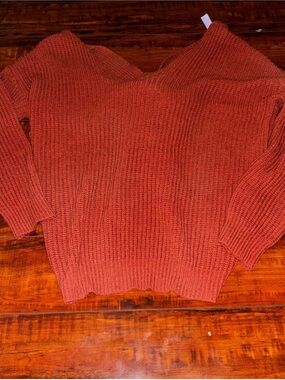 Alya Rust Orange V-Neck Ribbed Knit Sweater